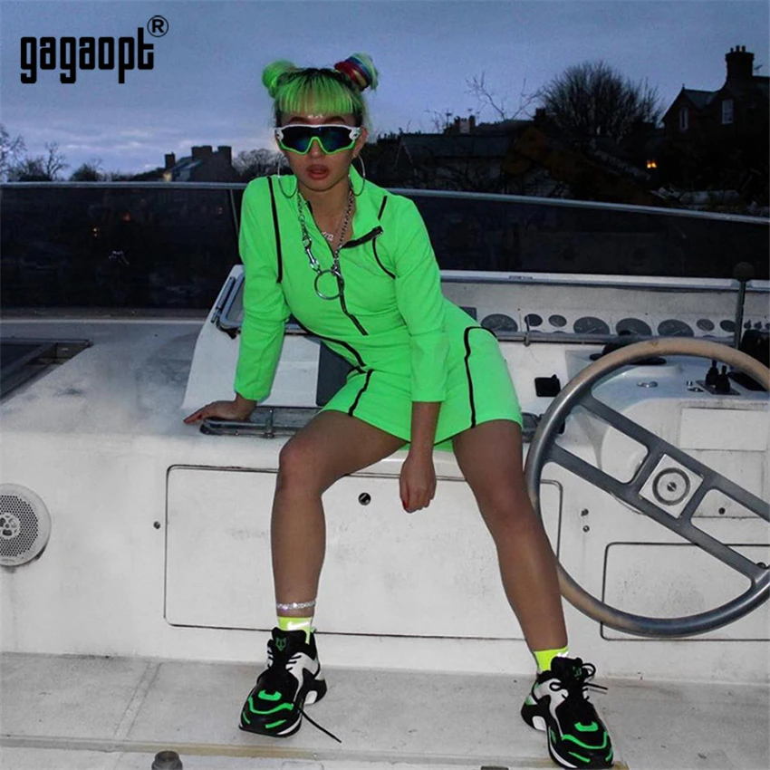 

Gagaopt Geometric Long Sleeve Bodycon Dresses Women Green/Pink Sexy Dresses with Zipper Vestidos Robes