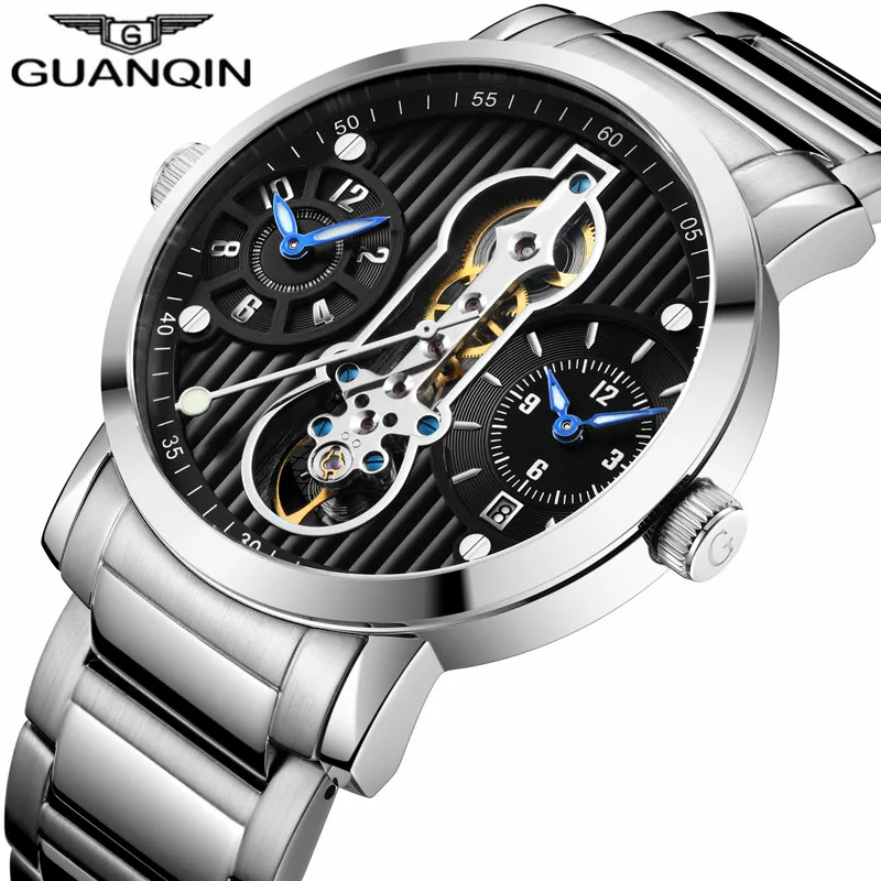 GUANQIN Автоматические Tourbillon механические часы мужские Скелетон Роскошные
