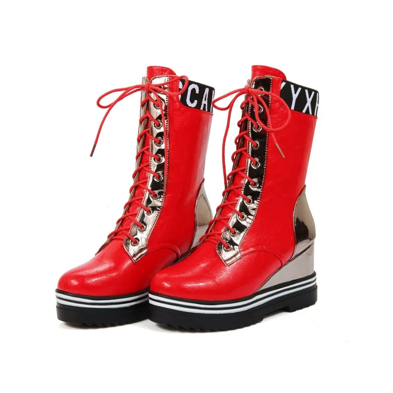 

women autumn winter ankle platform boots Increasing Round Toe lace up Cow Muscle woman casual shoes Mixed Colors