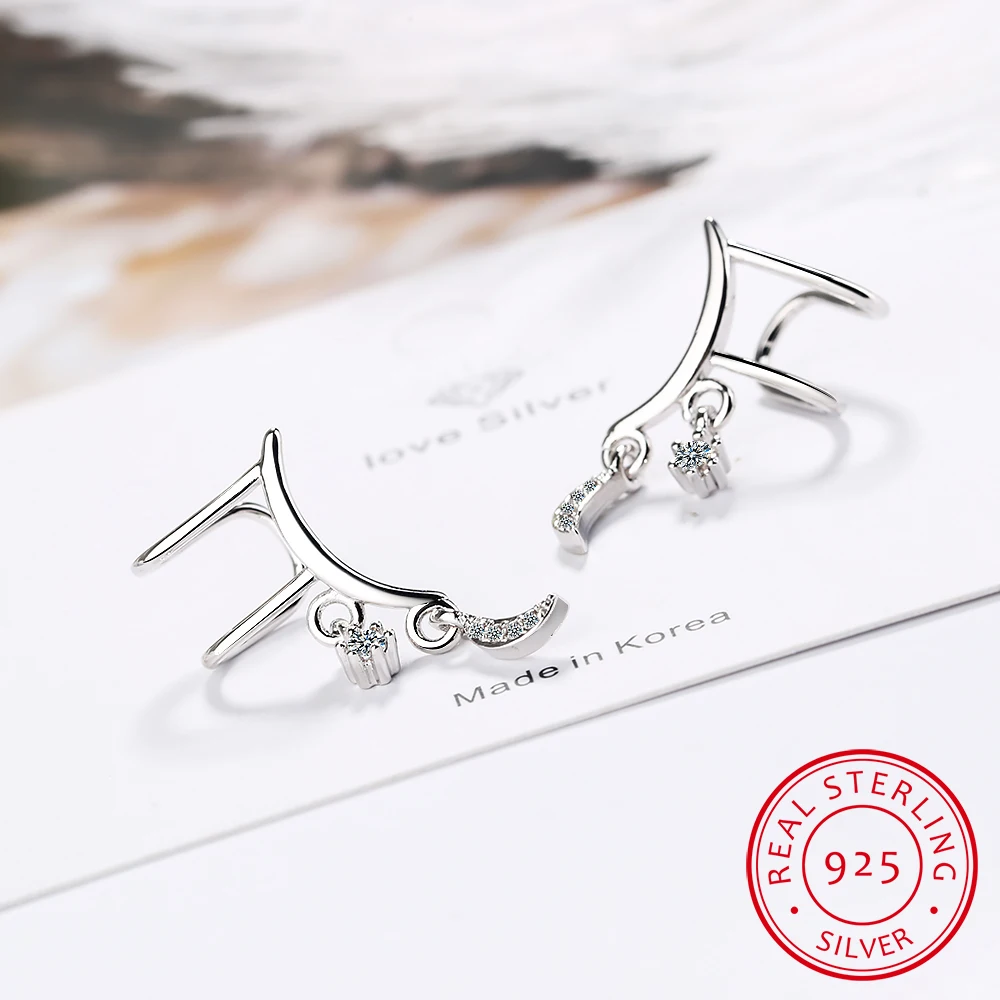 

925 Sterling Silver Moon Stars Tassels Zirconia Clip Earrings For Women Ear Cuff