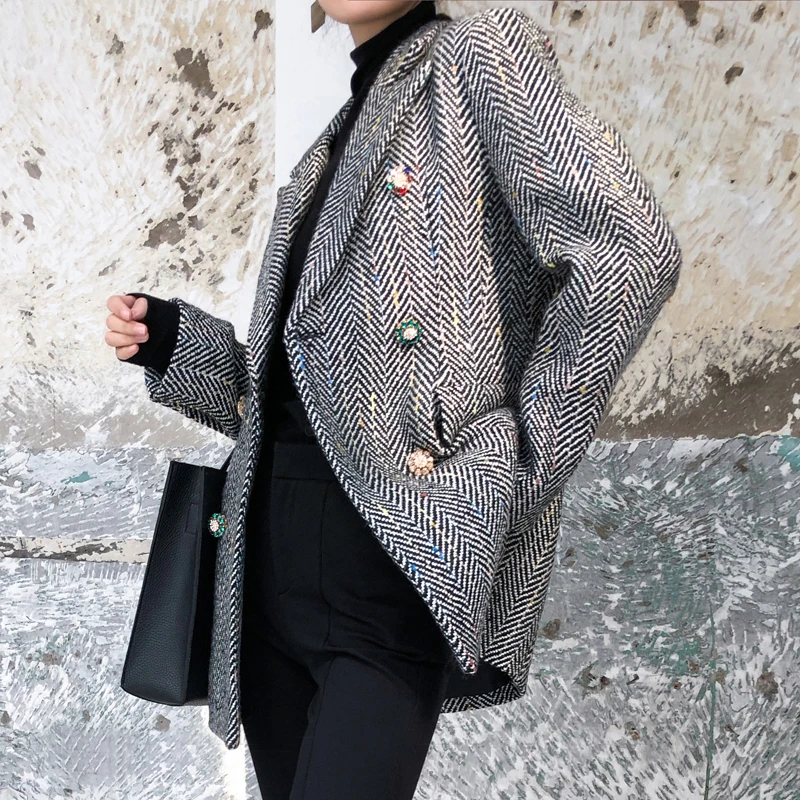 New Vintage Women's Wool Jacket Double Breasted Long Sleeve Striped Diamonds Outwear Tops Spring autumn Office Long blazer Women New Vintage Women's Wool Jacket Double Breasted Long Sleeve Striped Diamonds Outwear Tops Spring autumn Office Long blazer Women