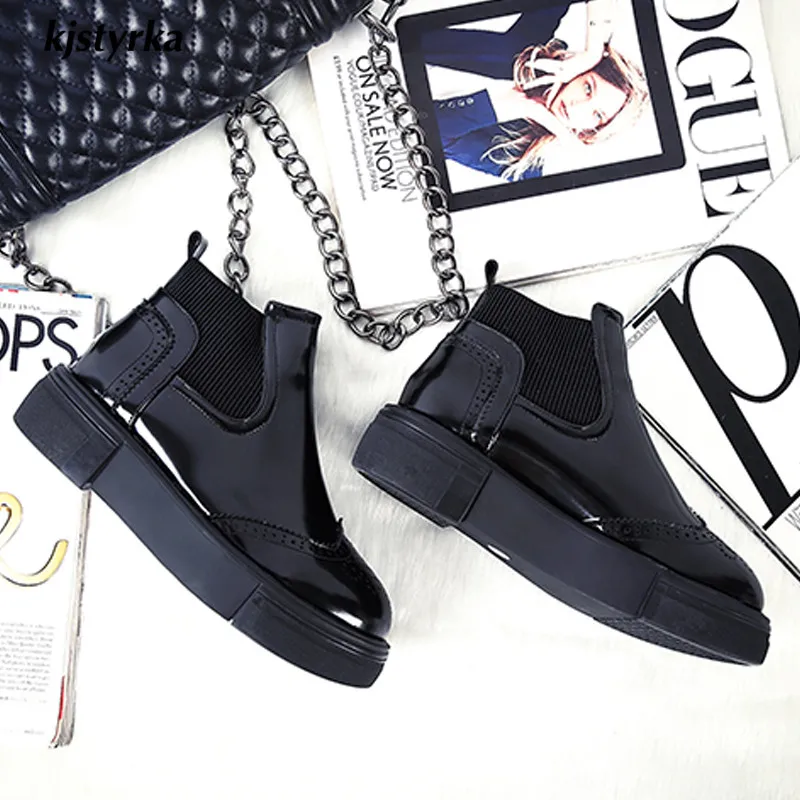 

Kjstyrka botas botines mujer 2018 ankle Women Boot spring autumn fashion simple slip-on Bright leather platform bota feminina