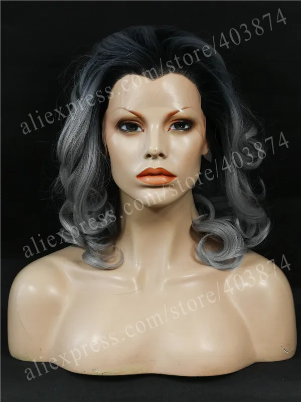 

N19-T1/0906 Short Curly Wavy Texture Dark Ombre Gray Color Synthetic Lace Front Wigs for Cosplay Party Wigs 16 inch Length