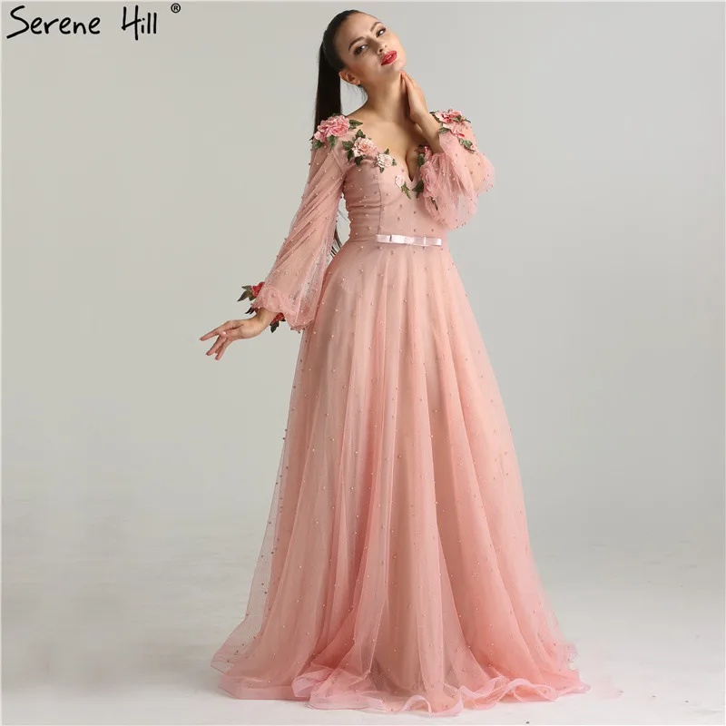 Сексуальное модное платье принцессы с рукавами-фонариками; персиковый, розовый цвет; Блестящий Жемчуг; цветок; а-силуэт; вечерние платья; Модный дизайн; стиль LA6342