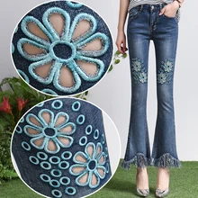 Floral Embroidery Women Tassels Pants Casual Mid Waist Jeans Femme Blue Denim Skinny Flare Trousers Floral Embroidery Women Tassels Pants Casual Mid Waist Jeans Femme Blue Denim Skinny Flare Trousers