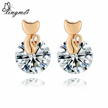 Lingmei Милые простые ювелирные изделия в форме кошки для женщин Свадебные Круглые белые и красные циркониевые серебряные и желтые золотые цветные серьги-гвоздики