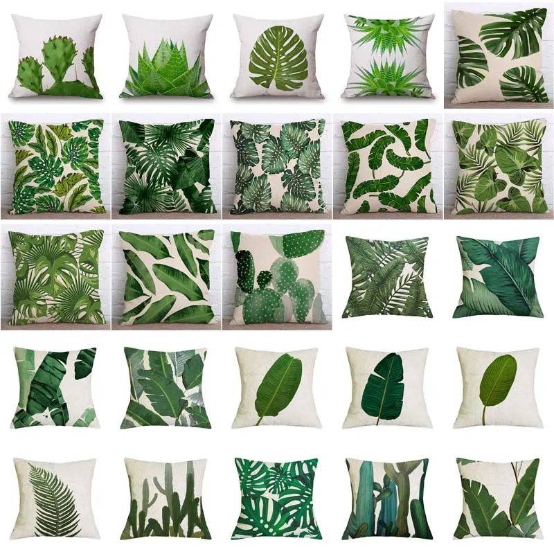 

Tropical Plants Palm Leaf Green Leaves Monstera Cushion Covers Hibiscus Flower Cushion Cover Decorative Beige Linen Pillow Case