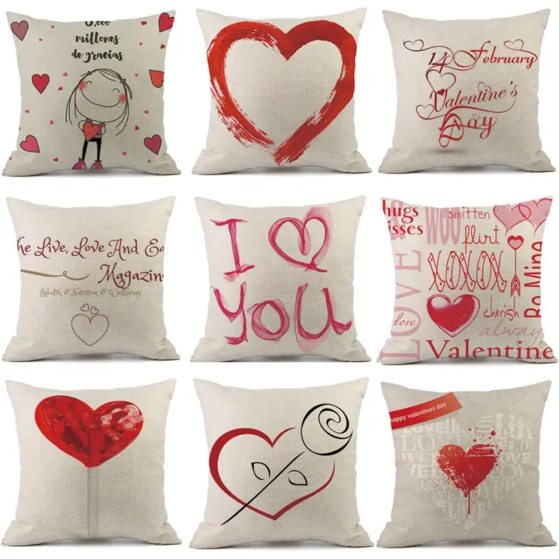 Happy Valentine Pillow Cases Linen Sofa Cushion Cover Home Decor Pillow
