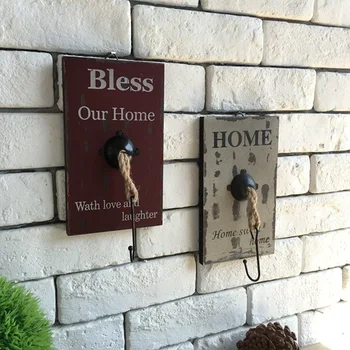 

NEW! 2pcs/lot Vintage Style Rural Home & Bless Printing Wooden Wall Hook Square Shape Wall Hanger Decorative Hook Wall Decor