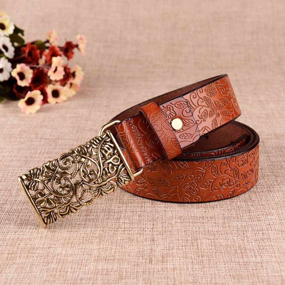 New Fashion Cow Genuine leather belt woman Vintage floral metal buckle