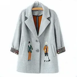 2019 новые осенние женские пальто Европейская мода женские шерстяные куртки тонкая верхняя одежда с вышивкой зимние серые пальто
