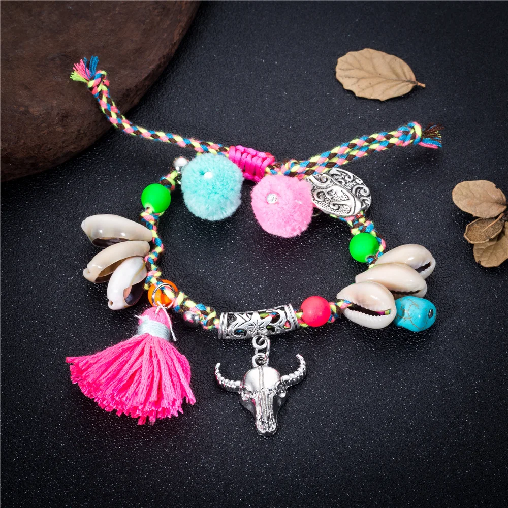 Handmade Bohemian Colorful String Tassels Natural Shell Pompom Charm Bracelets For Women Summer