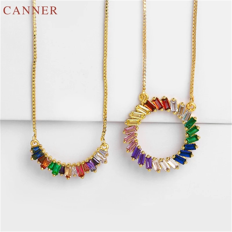 

Colorful Cubic Zircon Necklace for Women Gold Color Chain Collar Female Jewelry CZ Crystal Geometric Circle Pendant Necklace C35