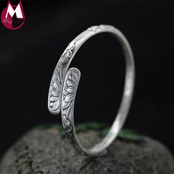 

Fine Vintag Lotus Flower Leaves Women Bangles 100% 999 Sterling Silver Bracelet Women Jewelry Buddhism Heart Sutra Bangle SB43