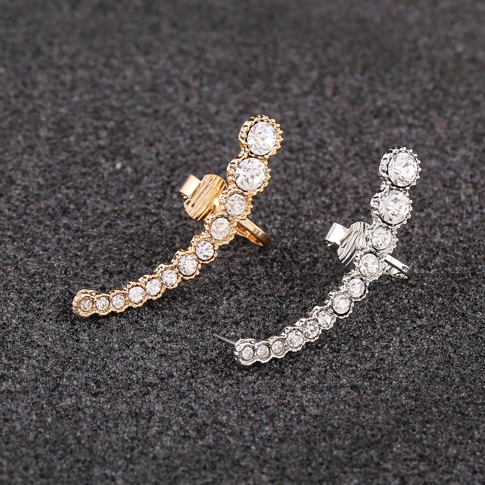 

Hot sale Piercing Jewelry Women Zircon Left Ear Cuff Curved Full Crystal Gold Silver Plated Earcuff Functional Clip Earring