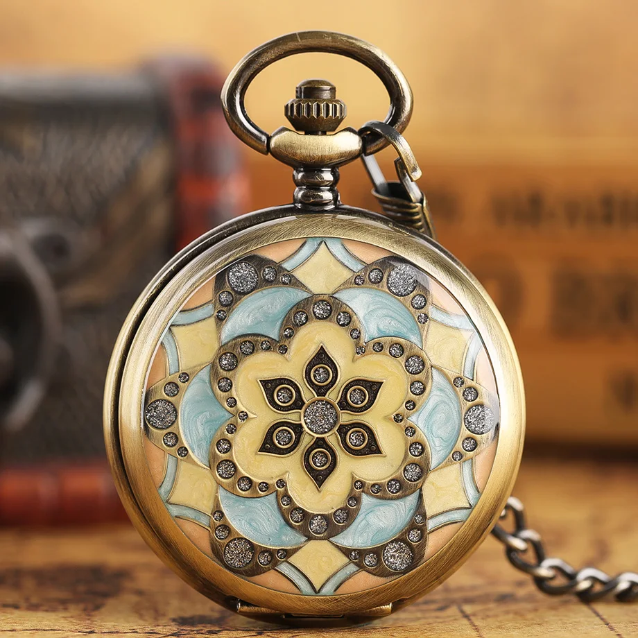 Exquisite Flowers Round Pocket Watch Steampunk Bronze Skeleton Roman Numbers Mechanical Wind Up Fob Hour Men Women Gift + Bag  (7)