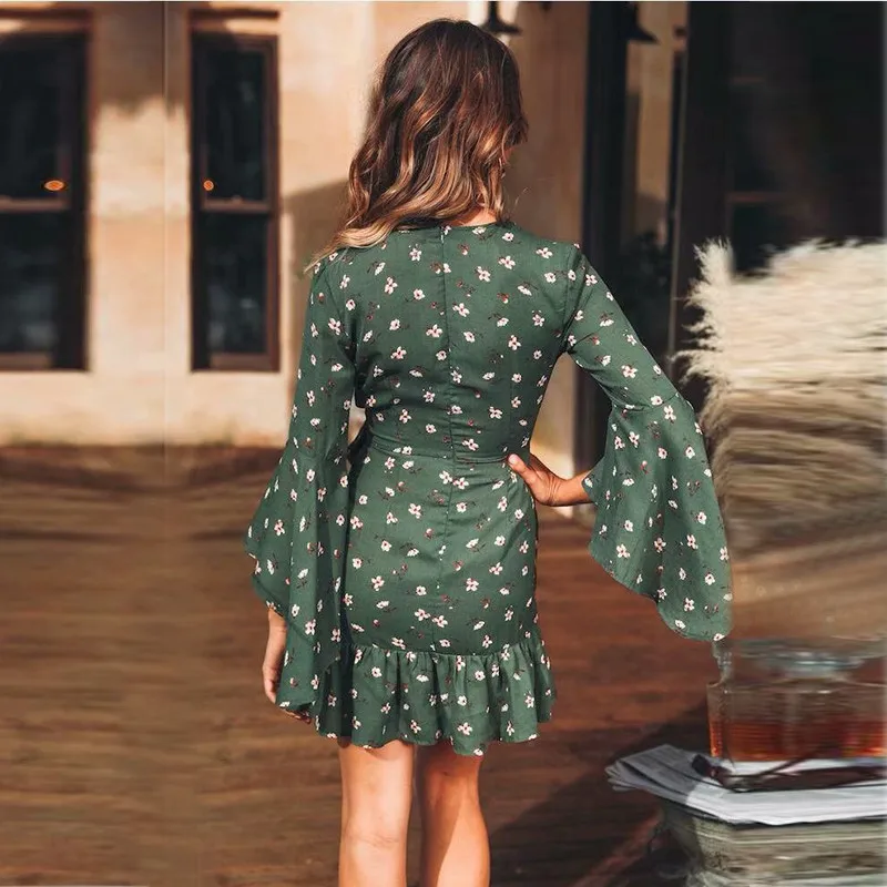 yinlinhe White Floral Autumn Dress Long Flare Sleeve Slim Waist Women Wrap Dress Bow Tie V neck Bodycon Ruffles Vestido 6