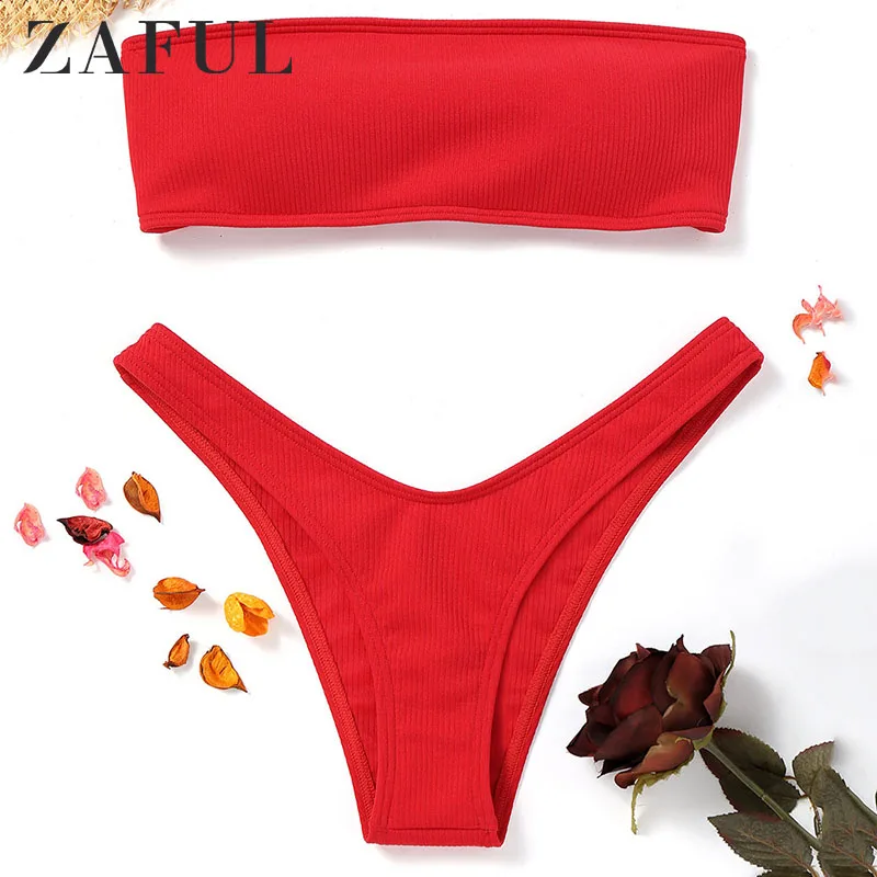 

ZAFUL Ribbed High Cut Bandeau Bikini Set Swimwear Women Swimsuit Strapless Bikini Padded Bathing Suit Brazilian Biquni Bikinis