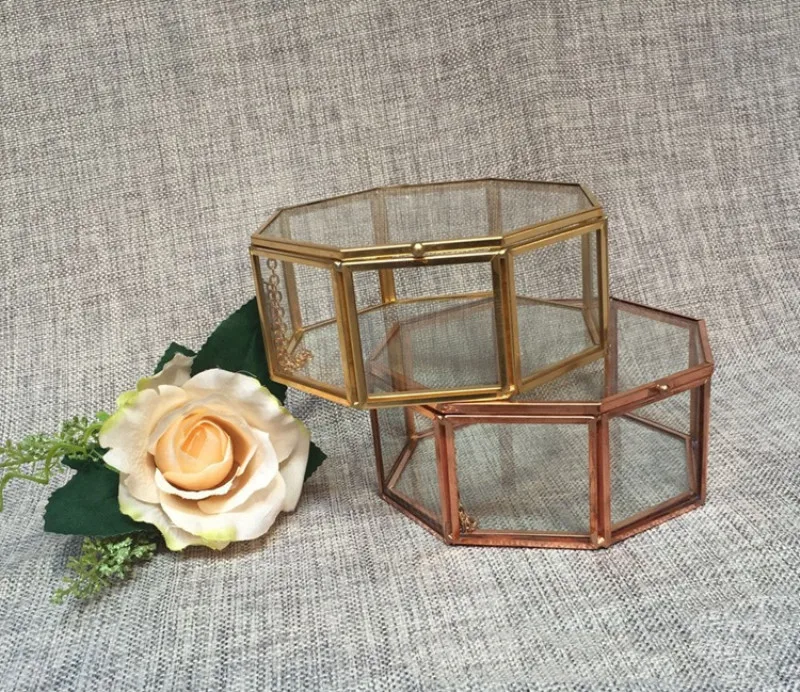 Европейская стеклянная коробка для ювелирных изделий, прозрачная Золотая Шкатулка для ювелирных изделий, уникальное восьмиугольное геометрическое кольцо, свадебное оформление коробки, украшение дома