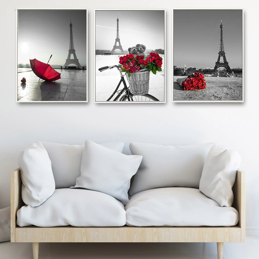 

Paris Eiffel Tower Red Rose Flower Landscape Posters and Prints Wall Art Canvas Painting Black White Picture Home Decor