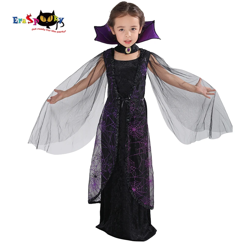 Beste Eraspooky 2018 Purple Spider Vampire Cosplay Meisjes Halloween kostuum voor kinderen Kant Cape Lange Jurk Carnaval Party Queen Kraag