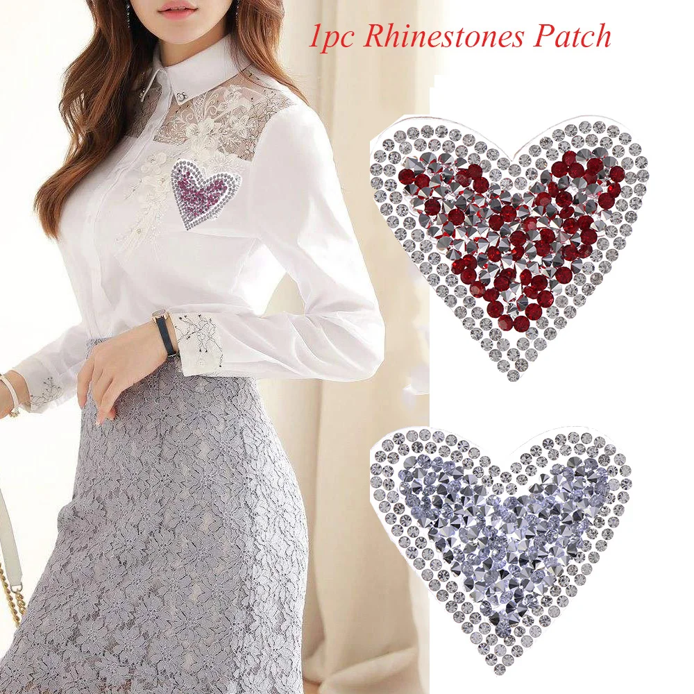 

1PC AB Colors Heart Motifs Sticker Iron-on Hotfix Rhinestone Patches Clothing Accessories Thermal Transfer For Garment
