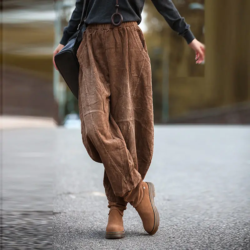 

Fashion Corduroy Girl Wede Leg Pants Women Hip Hop Casual Pants Brown Loose Elastic waist Trousers Women's Cotton Miss Bottoms
