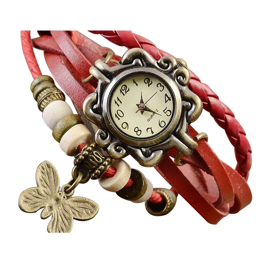 Женские кварцевые наручные часы в ретро-стиле, браслет с бусинами и бабочками,,, Женские часы, Reloj de dama Wd3