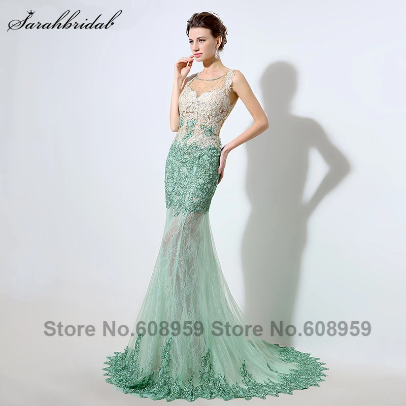 

Mint Dubai Kaftan Mermaid Evening Dresses Sexy Illusion Sheer Crystal Beaded Lace Appliques Prom Dress Real Sample LSX003