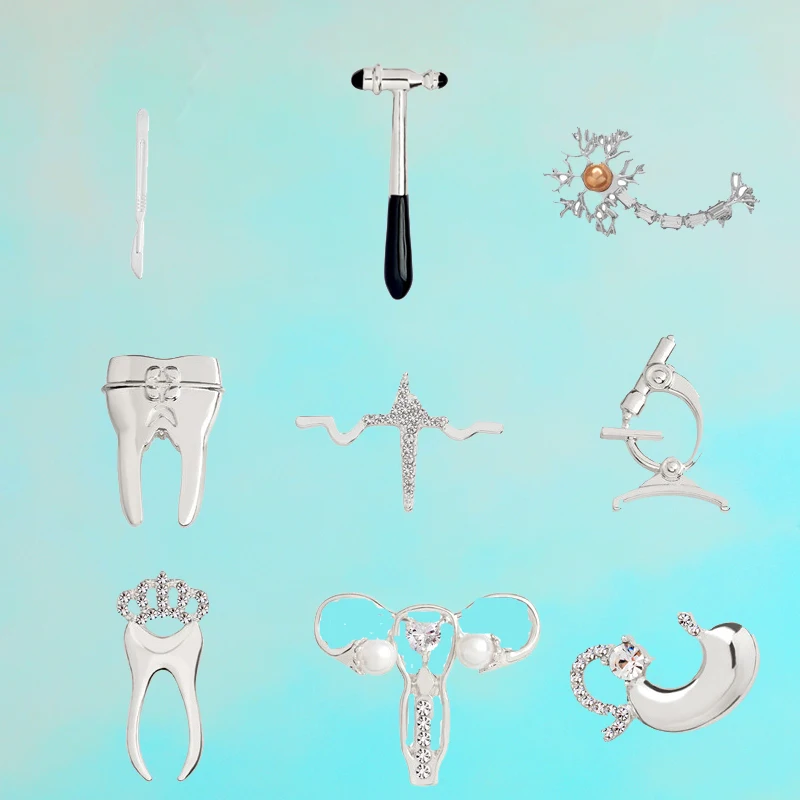 

Gold Silver jewelry Medical brooches Collection Crystal uterus microscope scalpel stomach tooth pins for Doctor Nurse