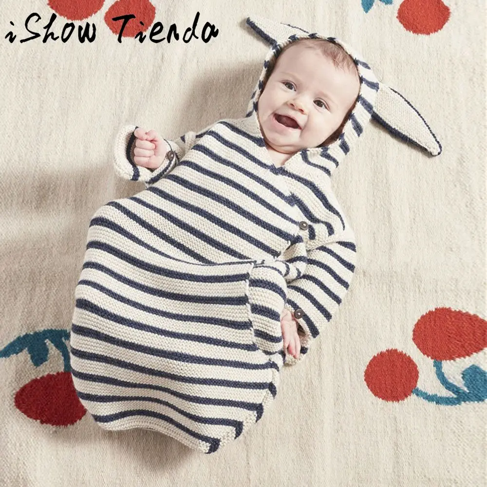 Baby Swaddle Wrap For Newborn Baby Hooded Bunny Ear Knitted Striped