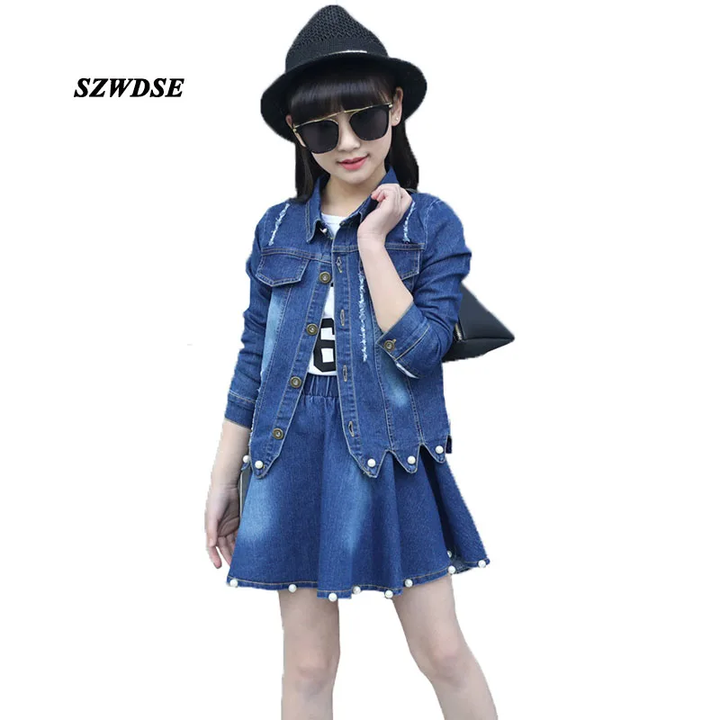 

NEW Girls' Spring Autumn sets Children's wave denim Full sleeve Single breasted jacket coat+denim mini skirts for 4-10 y