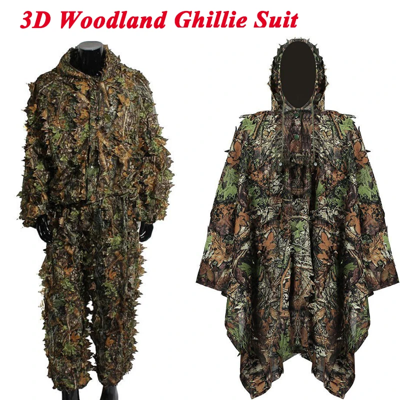 

3D Woodland Ghillie Suit Linen Material Mens Camouflage Clothing Hunting Airsoft Sniper Hidden Shirt + Pants Military Cloak