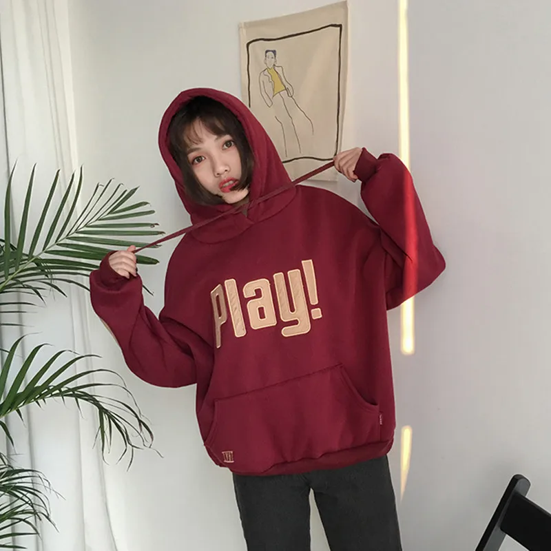 

3 Colors 2018 autumn and winter bf style letter print plus velvet thicking hoodies womens sweatshirts and pullovers (F475)