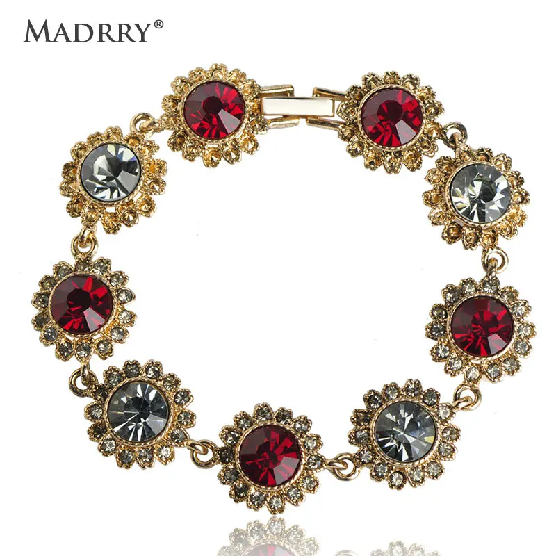 

Madrry Alloy Metal Round Rhinestone Bracelet Antique Gold Color Women Charm Hand Accessories pulseira masculina Pulseras Mujer