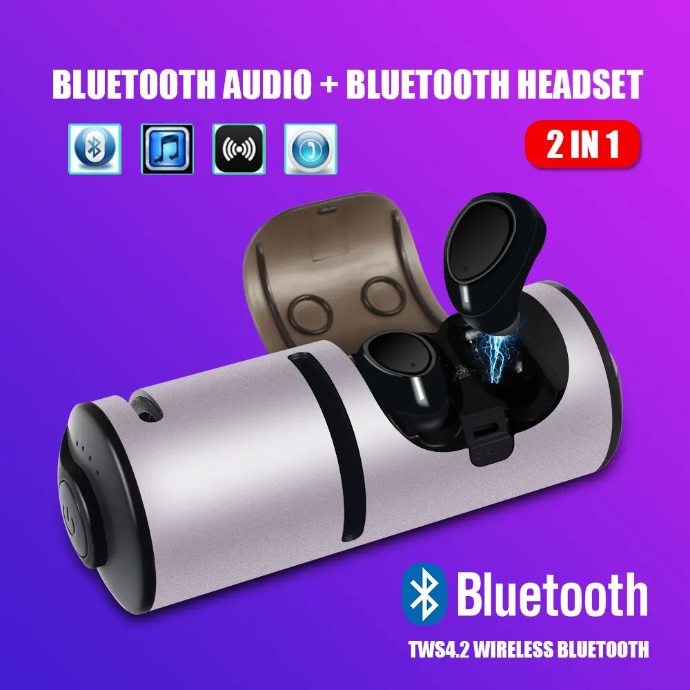 

2 in 1 TWS Bluetooth Earphones V4.2 + EDR Wireless Earbud Headset + Bluetooth 4.2 Speaker Charging Box Design for Smartphone
