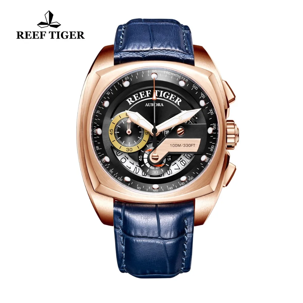 Reef Tiger RGA3363 мужские многофункциональные спортивные модные 10 бар водонепроницаемые квадратные кварцевые наручные часы с кожаным ремешком для часов