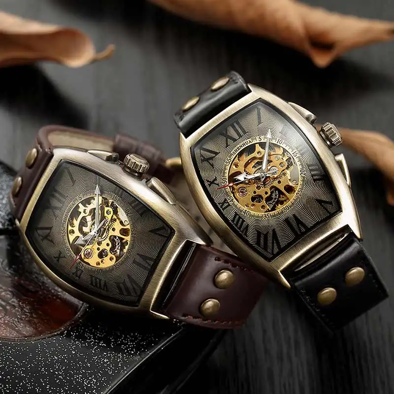

Men Automatic Mechanical Watches Men Skull Skeleton Self Winding Wristwatch Roman Numerals Clock Bronze Brown Leather Watches