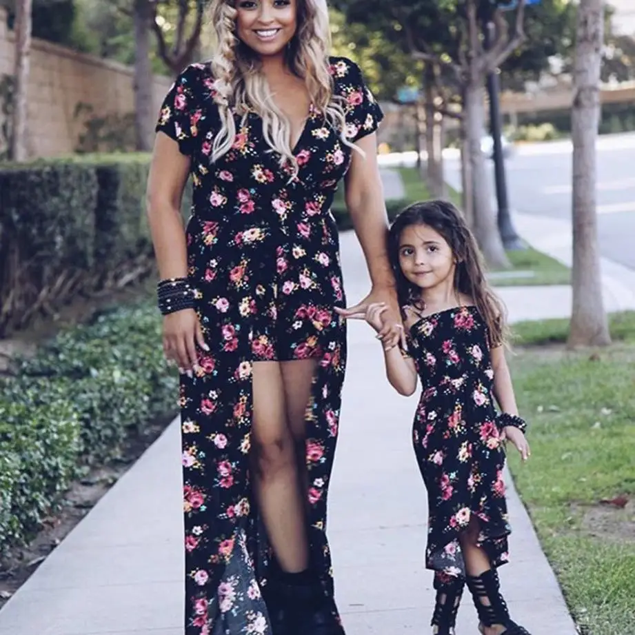 

mother and daughter clothes 2018 summer mommy and me dress outfit floral print family matching clothes family clothing