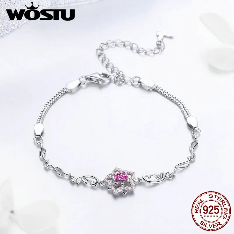 

WOSTU 2019 New 100% 925 Sterling Silver Five Petal Pink Peach Blossom Chain & Link Bracelets Original Genuine Jewelry FNB005