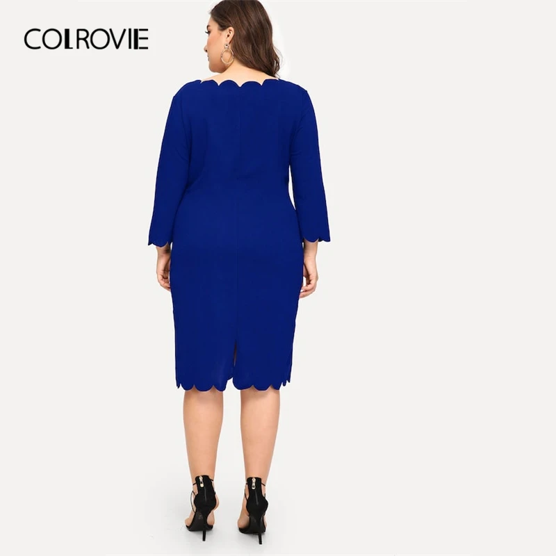 Günstige COLROVIE Plus Größe Blau Solide Scallop Hem Laser Cut Out Bleistift Elegante Kleid Frauen 2019 Frühling Koreanische Split Midi Casual kleider