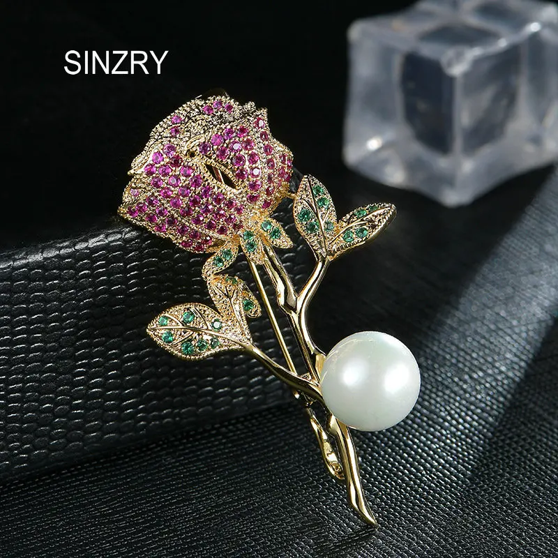 SINZRY cubic zirconia rose flower Romantic brooch pin immitation pearl