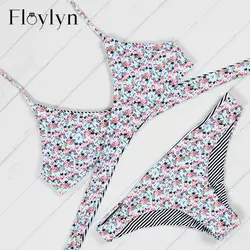Floylyn крест-накрест Бикини Холтер Бикини Набор пуш-ап бандаж купальный костюм Пляжная одежда цветочный и полосатый принт купальник