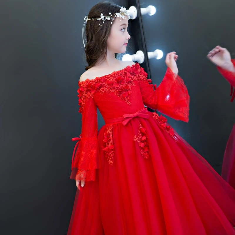

Flare Sleeve Cute Girls Ball Gown Dress Shoulderless Pageant Party dresses Luxury Appliques Floral Bow Wedding Girl Dress JF545