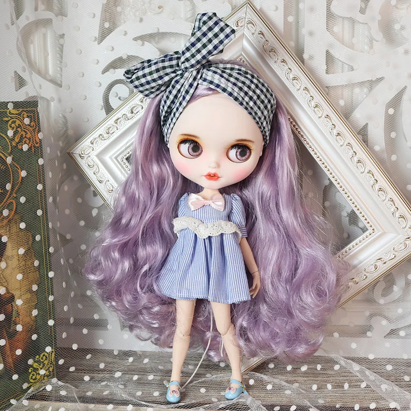 

Blyth Doll 1/6 Joint Body hand painted matte face white skin purple long curly hair suit 30cm DIY BJD SD toys gift AB hand set