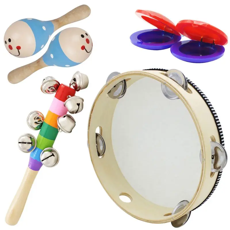 

6 Pcs/Set Wooden Musical Toys 2 Maracas 1 Tambourine 2 Castanets 1 Hand Bell for Toddler Kids