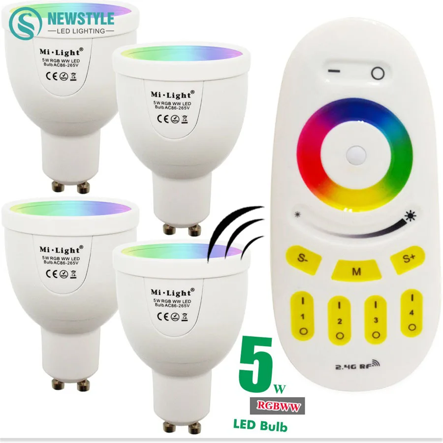 

5W Mi Light LED Bulb Lamp Dimmable GU10 220V 86-265V RGBWW Spotlight Indoor + 2.4G RF Wireless LED Remote Control