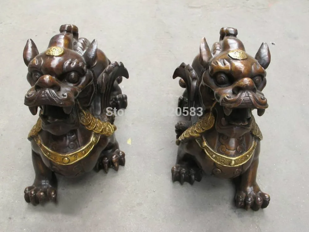 

free 11"Chinese red Bronze Copper Ainkhuern Unicorn Bi Coin Wealth Pi yao PiXiu PAIR fast