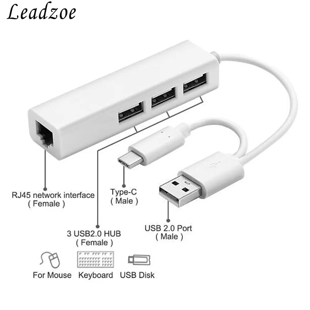 USB Hub, leadzoe USB разветвитель с 3 USB 2,0 хаб Порты и разъёмы и 1 Ethernet сетевой адаптер и Тип C Питание для Macbook android