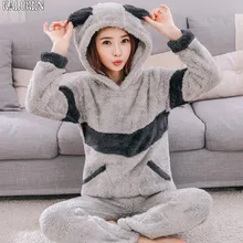 Топ зима плюс размер фланец мультфильм утолщение коралловый флис пижамы женские пижамные комплекты M-4xl с капюшоном